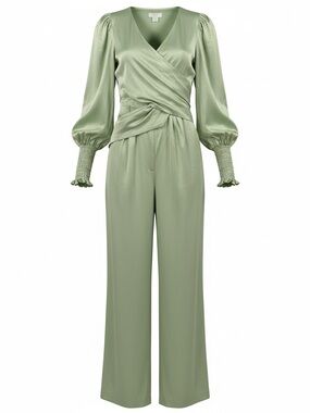 Collective The Label Petite Sage Satin Smocked Cuff Wide Leg Jumpsuit Sz 10 NWT